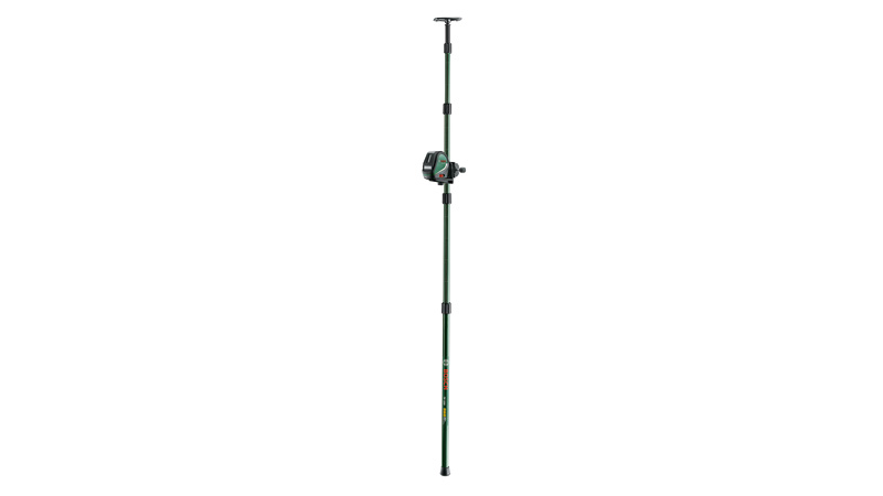 Ein ausziehbarer, grüner Mast mit einem Gerät, das an ihm befestigt ist.