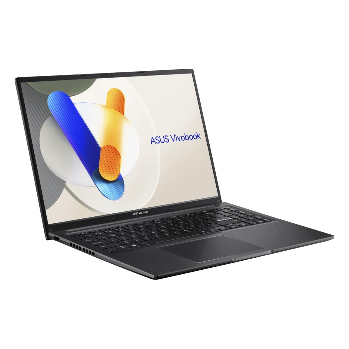 Ein dunkler ASUS Vivobook Laptop mit Tastatur und Touchpad, geöffnet.
