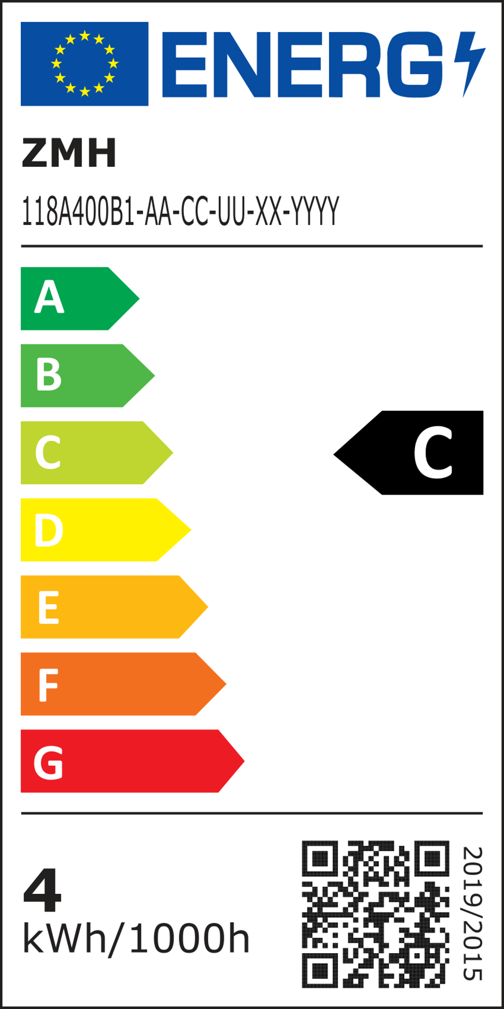 Energieeffizienzlabel mit Skala A-G und Energieklasse C. Stromverbrauch 4 kWh/1000h.