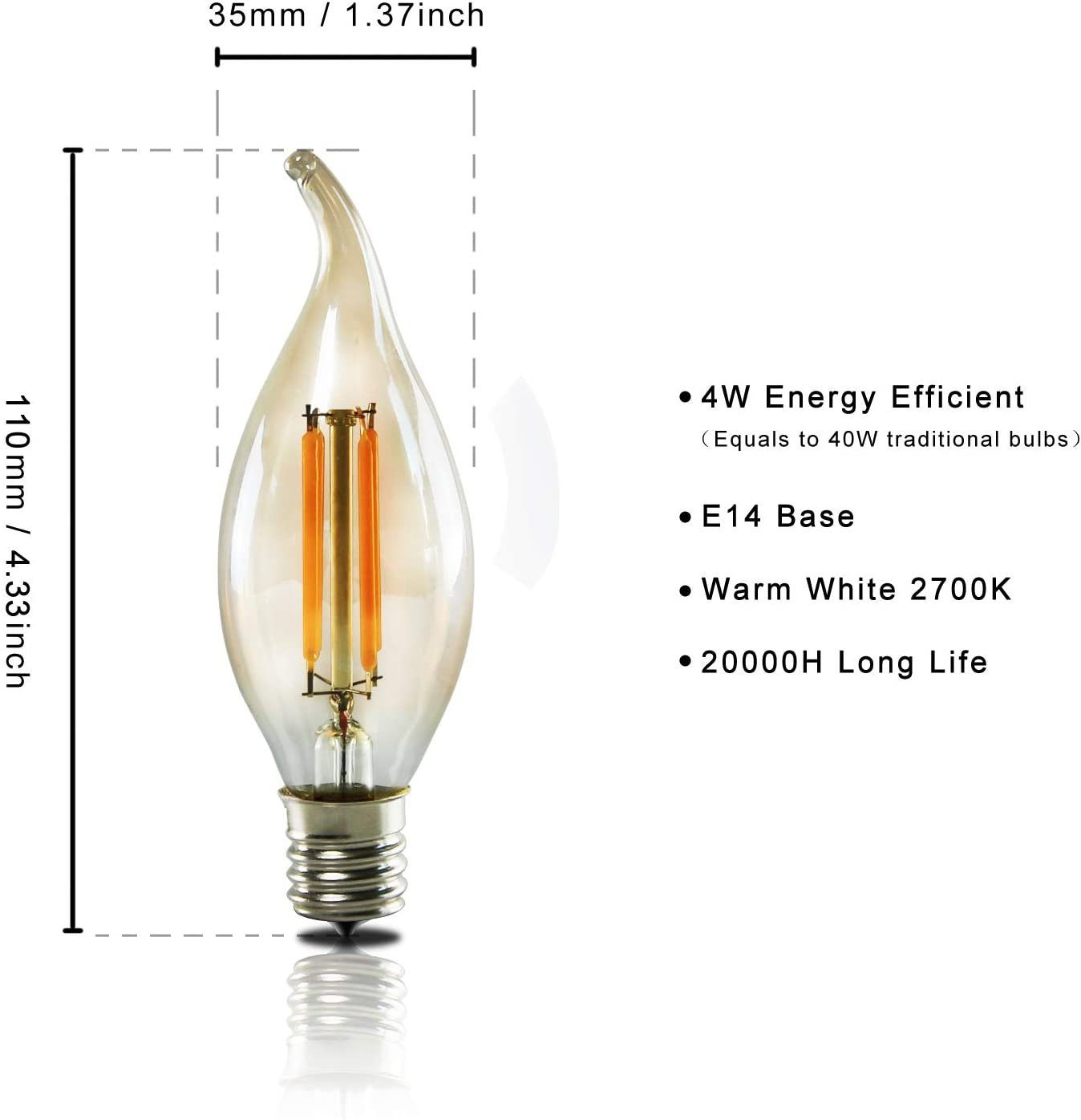 Glühbirne mit E14-Sockel, 4W, Warmweiß 2700K, 110mm lang.