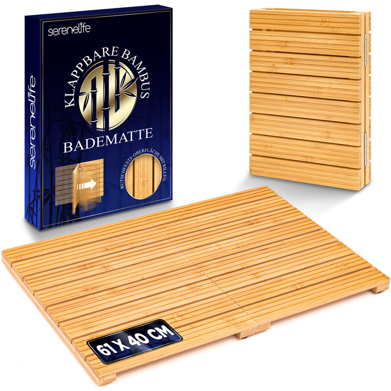 Eine Bambus-Badematte, die gefaltet und ausgeklappt dargestellt ist, mit einer Box.