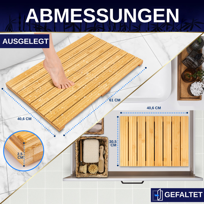 Holzduschmatte mit Maßen 40,6x61 cm, Nahaufnahme der Dicke und einer weiteren Matte.