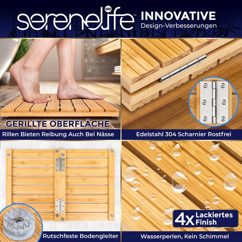 Badezimmer-Duschmatte mit Holzlatten, Scharnieren und Füßen.