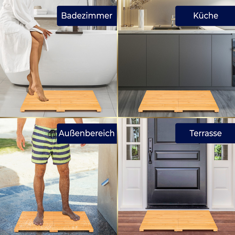 Vier Szenen zeigen eine Bambusmatte in Bad, Küche, Außenbereich und auf der Terrasse.