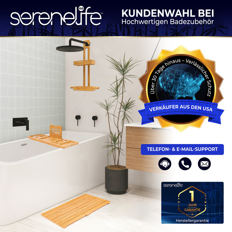 Ein modernes Badezimmer mit Badewanne, Dusche, Holzaccessoires und Pflanzen.