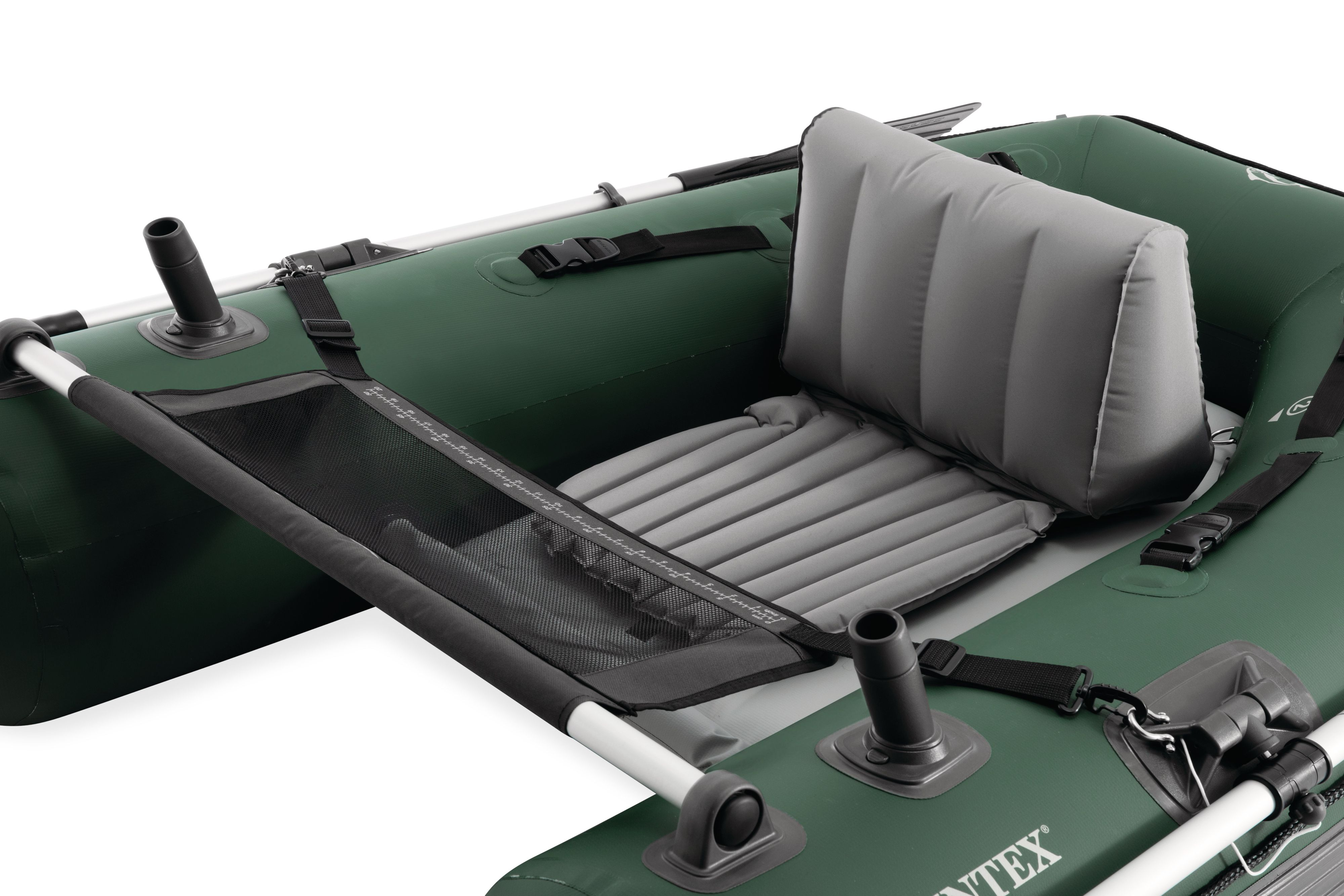 Grünes Schlauchboot mit aufblasbarem Sitz, Paddeln und Netzablage.