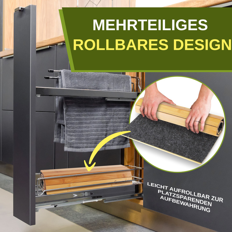 Ein ausziehbarer Schrank mit Handtüchern und einem Rollbrett aus Bambus.