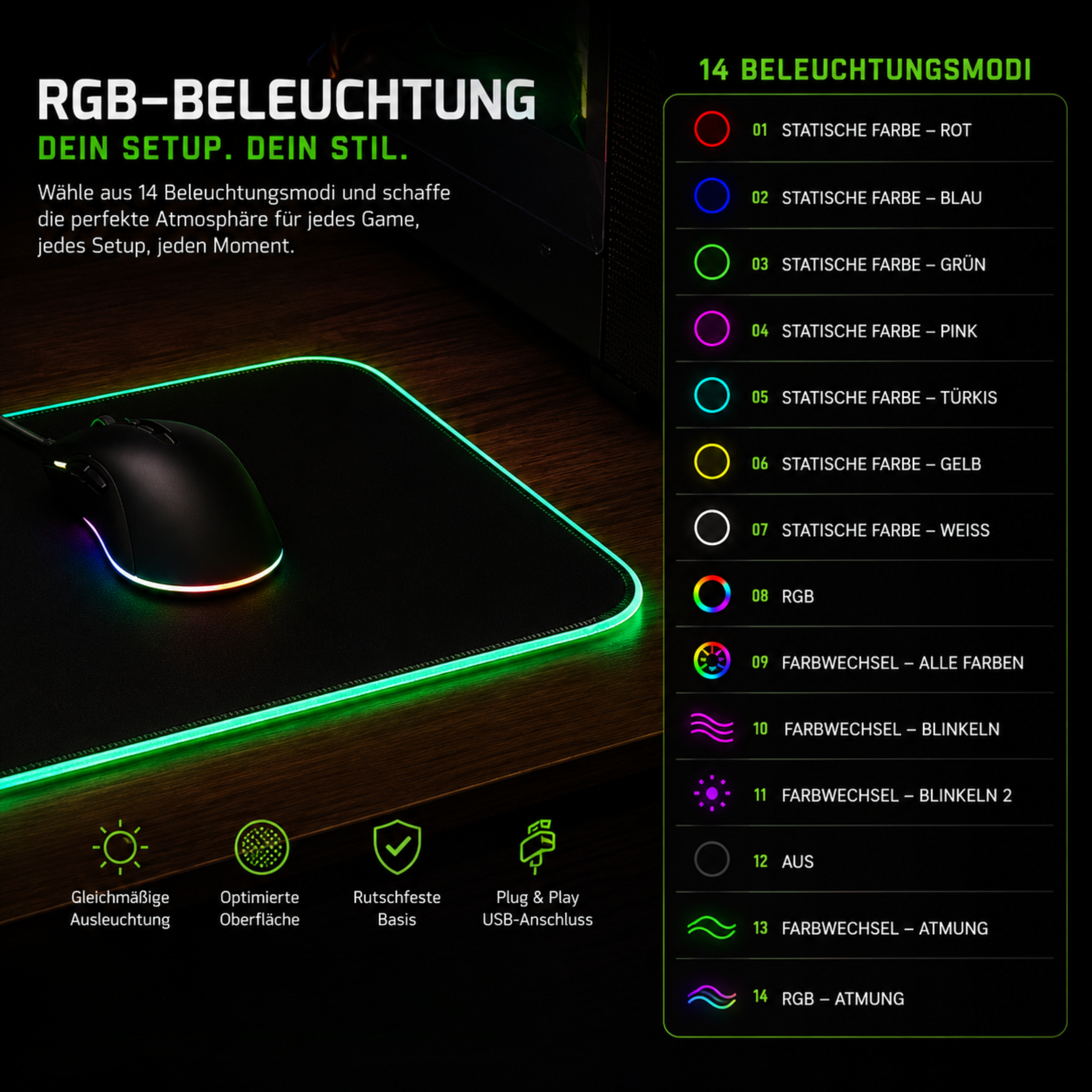 Gaming-Mauspad mit RGB-Beleuchtung und 14 Modi, auf einem Holztisch.