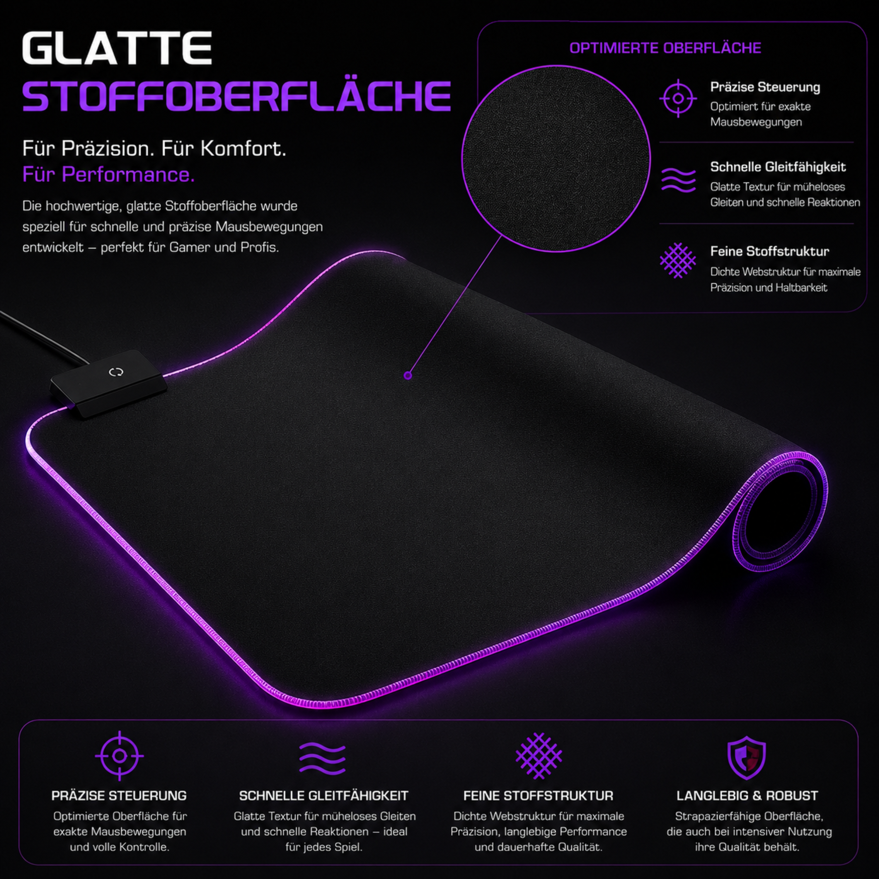 Schwarze Stoff-Mausmatte mit violetter LED-Beleuchtung und detaillierten Merkmalen.