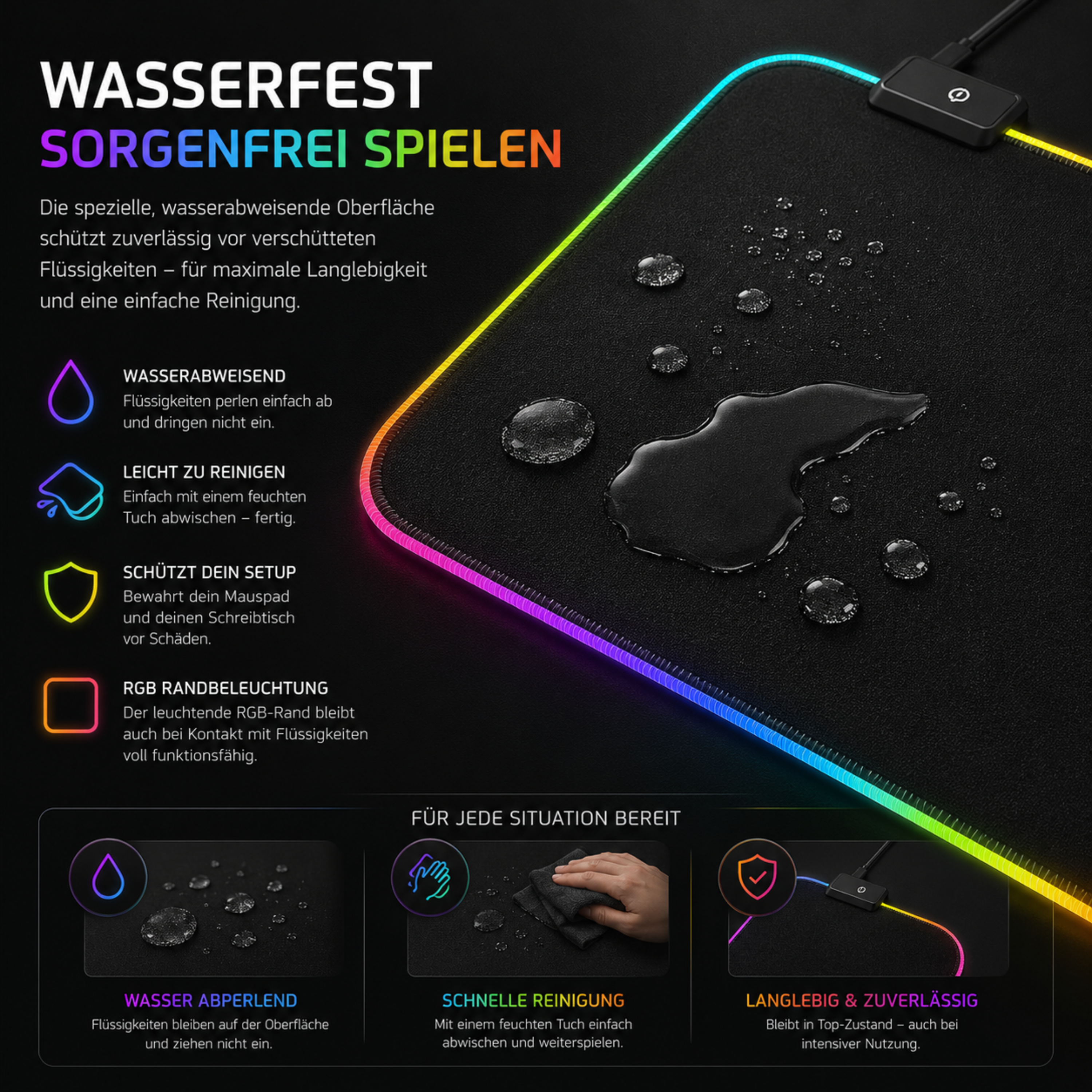 Wasserdichte Mauspad-Oberfläche mit RGB-Randbeleuchtung, Wassertropfen und Reinigungshinweisen.
