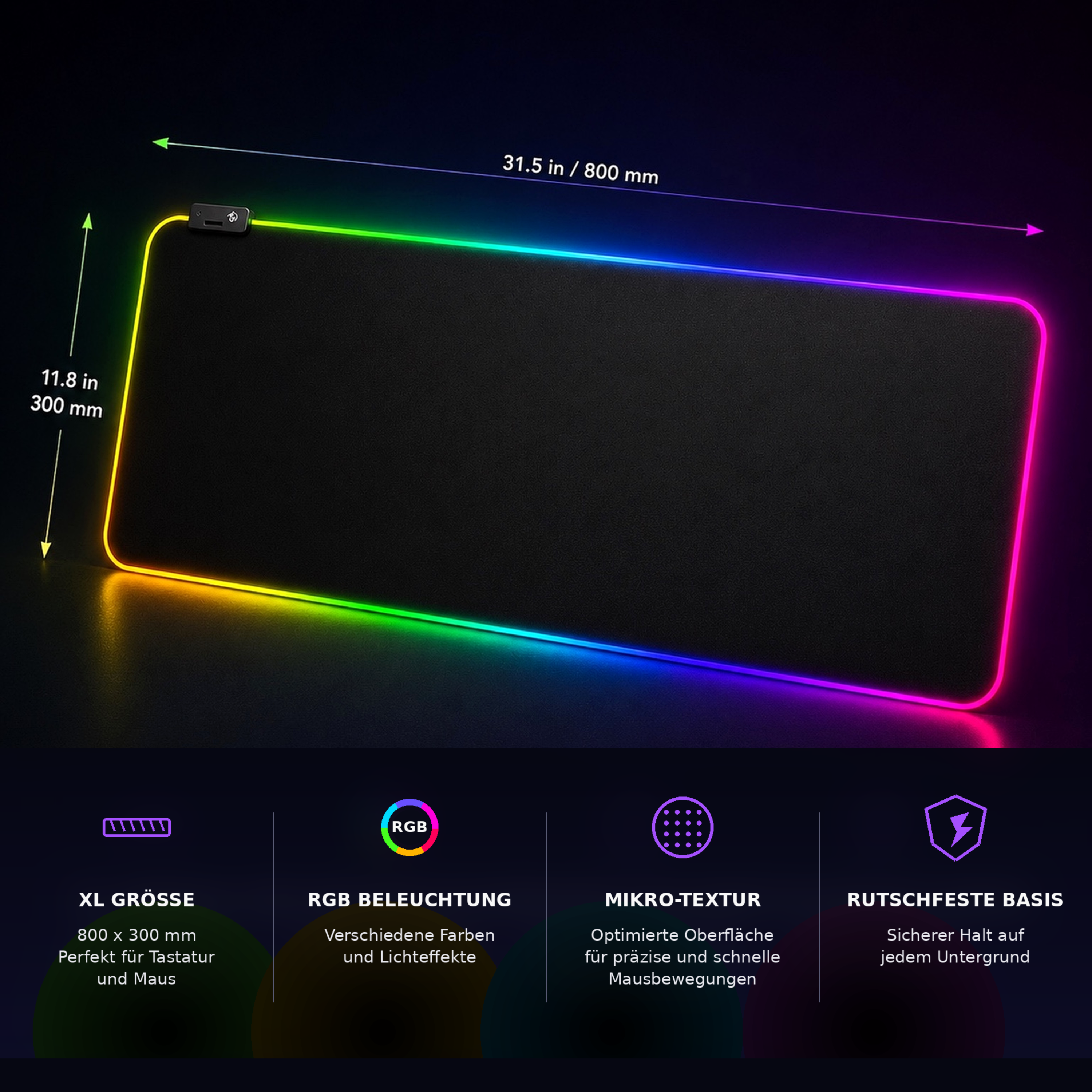 Große schwarze RGB-Mausmatte mit den Maßen 800x300mm, beleuchtet.