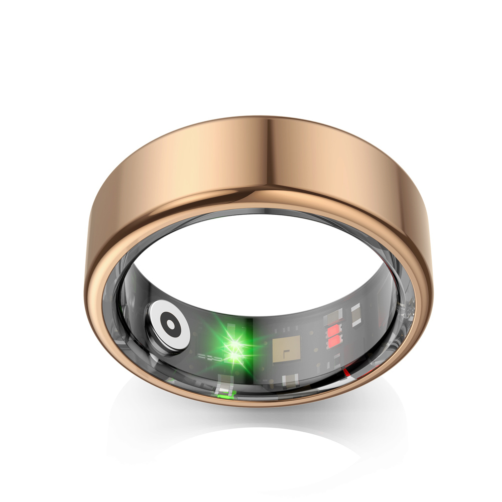 Ein goldener Ring mit Technologie im Inneren, leuchtend grün und rot.