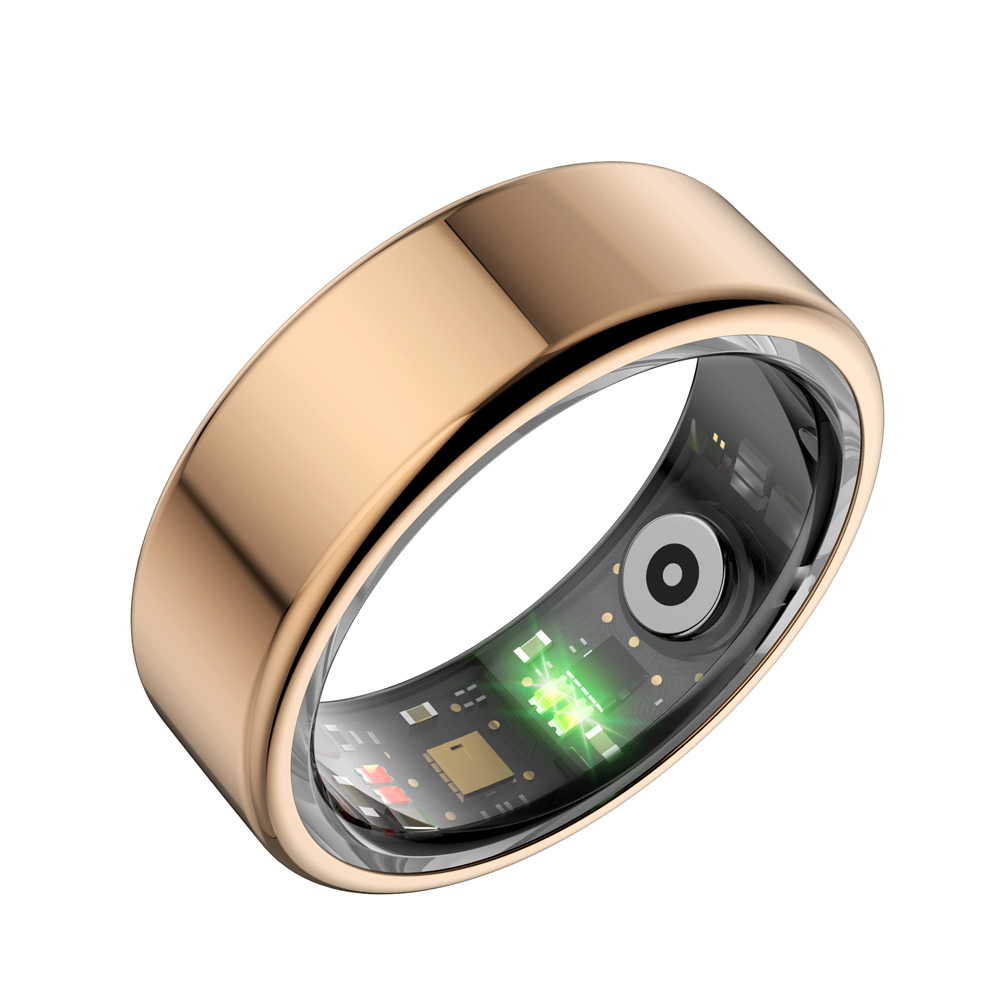 Ein goldener Ring mit sichtbarer Elektronik und grünen LEDs im Inneren.