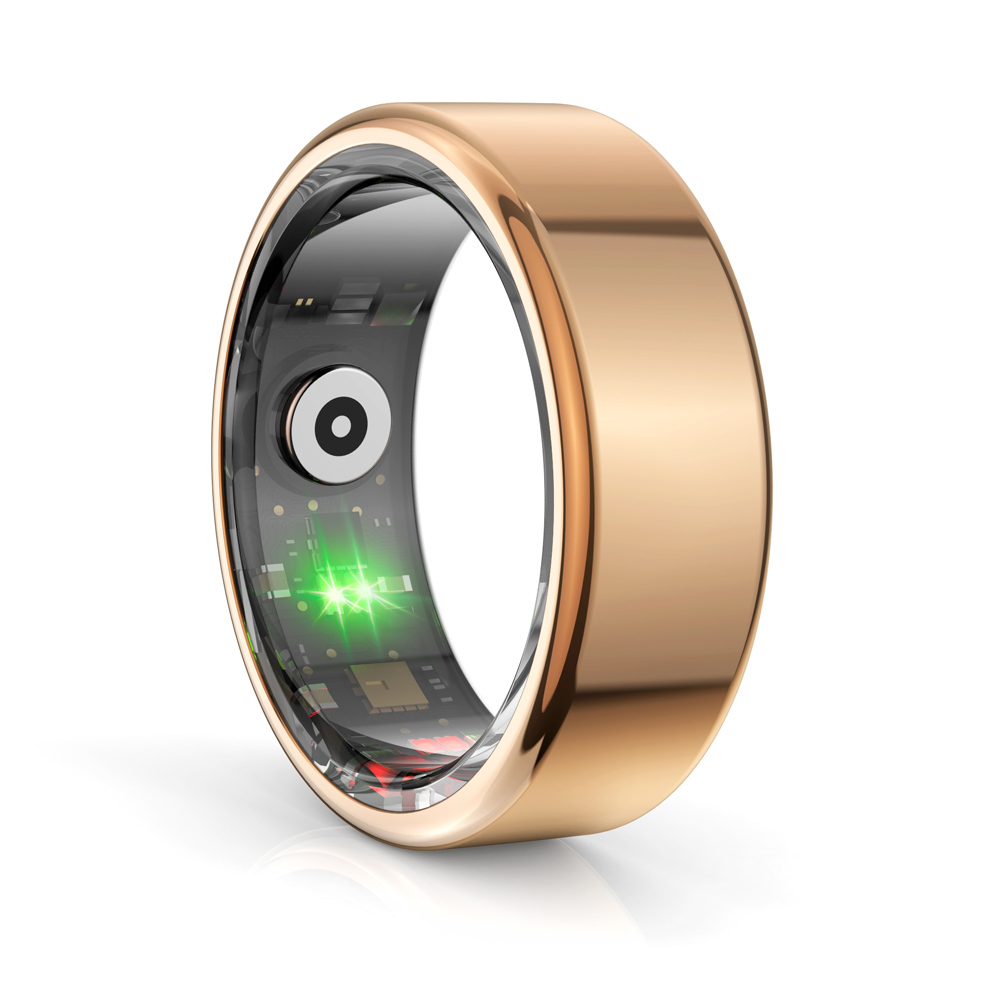 Ein goldener smarter Ring mit sichtbaren Schaltkreisen und grünen Lichtern.
