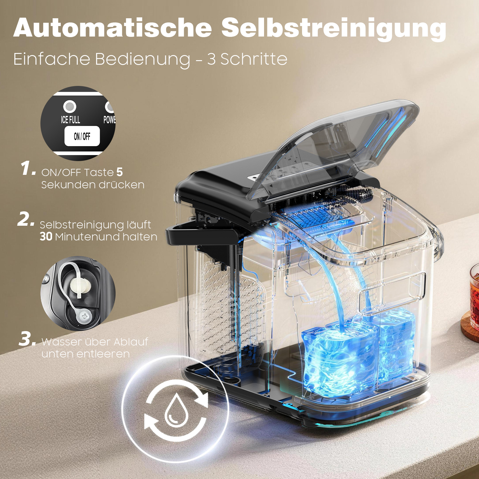 Eisbereiter mit transparenter Anzeige zur Selbstreinigung, blaue Lichter, klare Würfel.