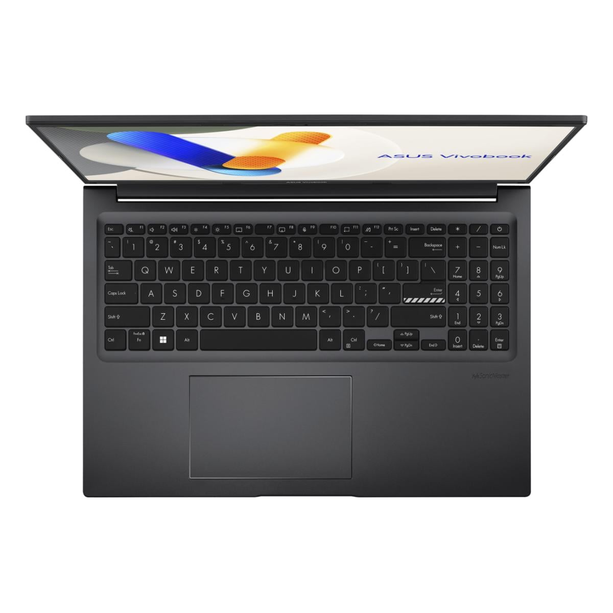 Ein dunkelgraues ASUS Vivobook Laptop, geöffnet, zeigt Tastatur und Bildschirm.