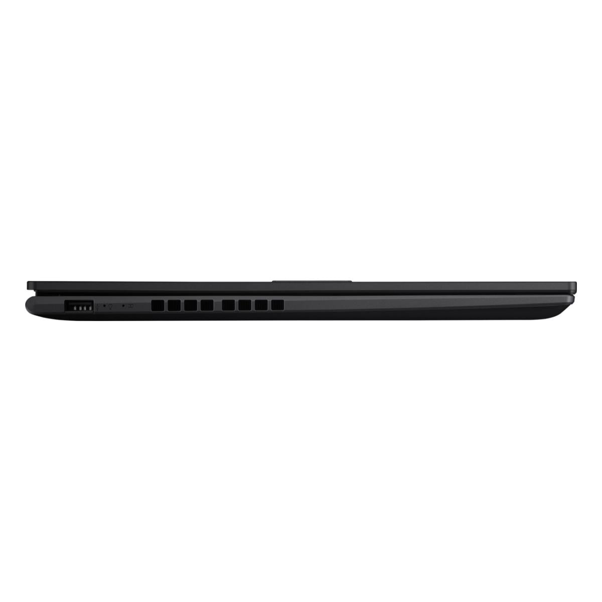 Ein schwarzer Laptop von der Seite mit sichtbaren Anschlüssen und Lüftungsschlitzen.