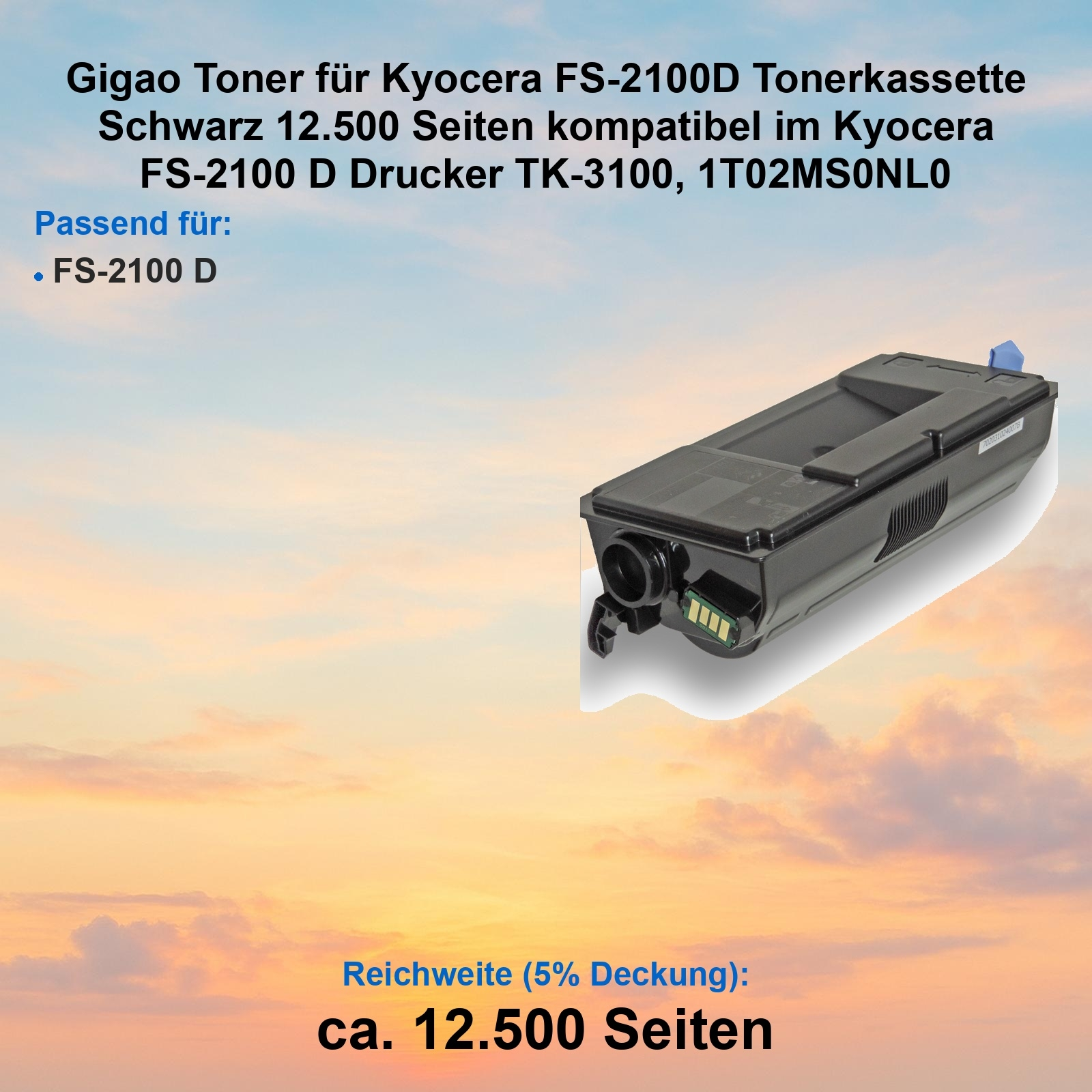 Schwarze Kyocera FS-2100D Tonerkassette für 12.500 Seiten.