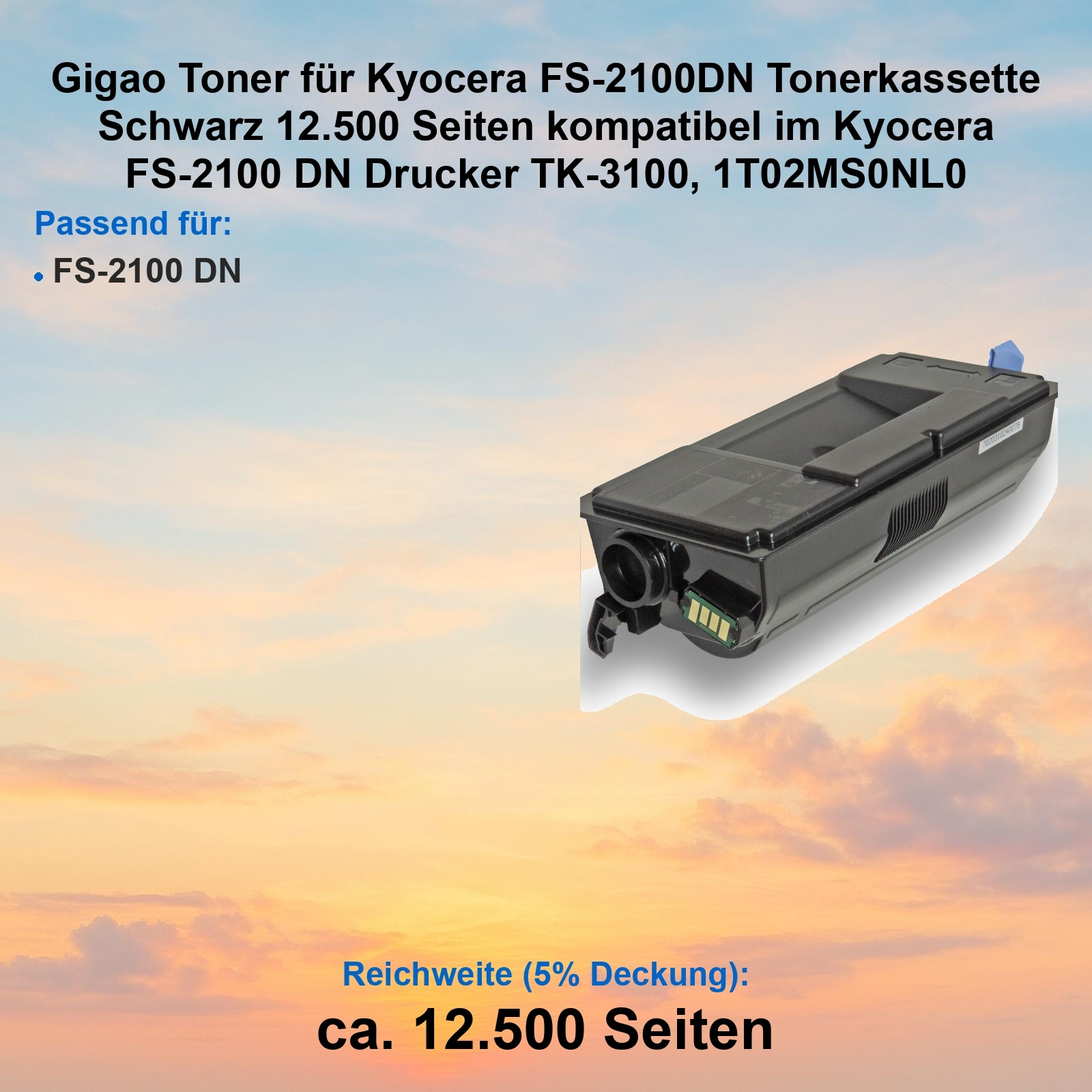 Schwarze Tonerkassette für Kyocera FS-2100DN, 12.500 Seiten Reichweite.
