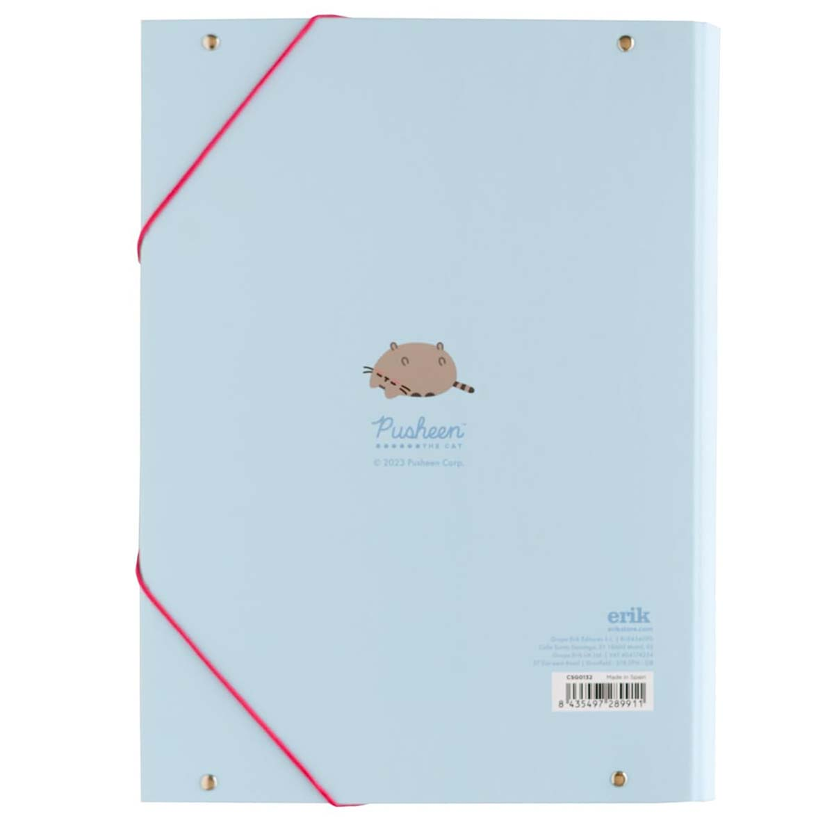 Hellblaue Mappe mit Pusheen-Katze-Aufdruck und roter Gummibandbindung.