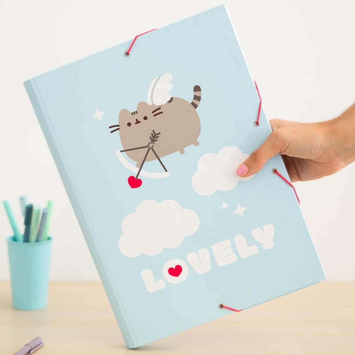 Ein hellblauer Ordner mit Pusheen der Katze als Amor, Wolken und dem Wort Lovely.