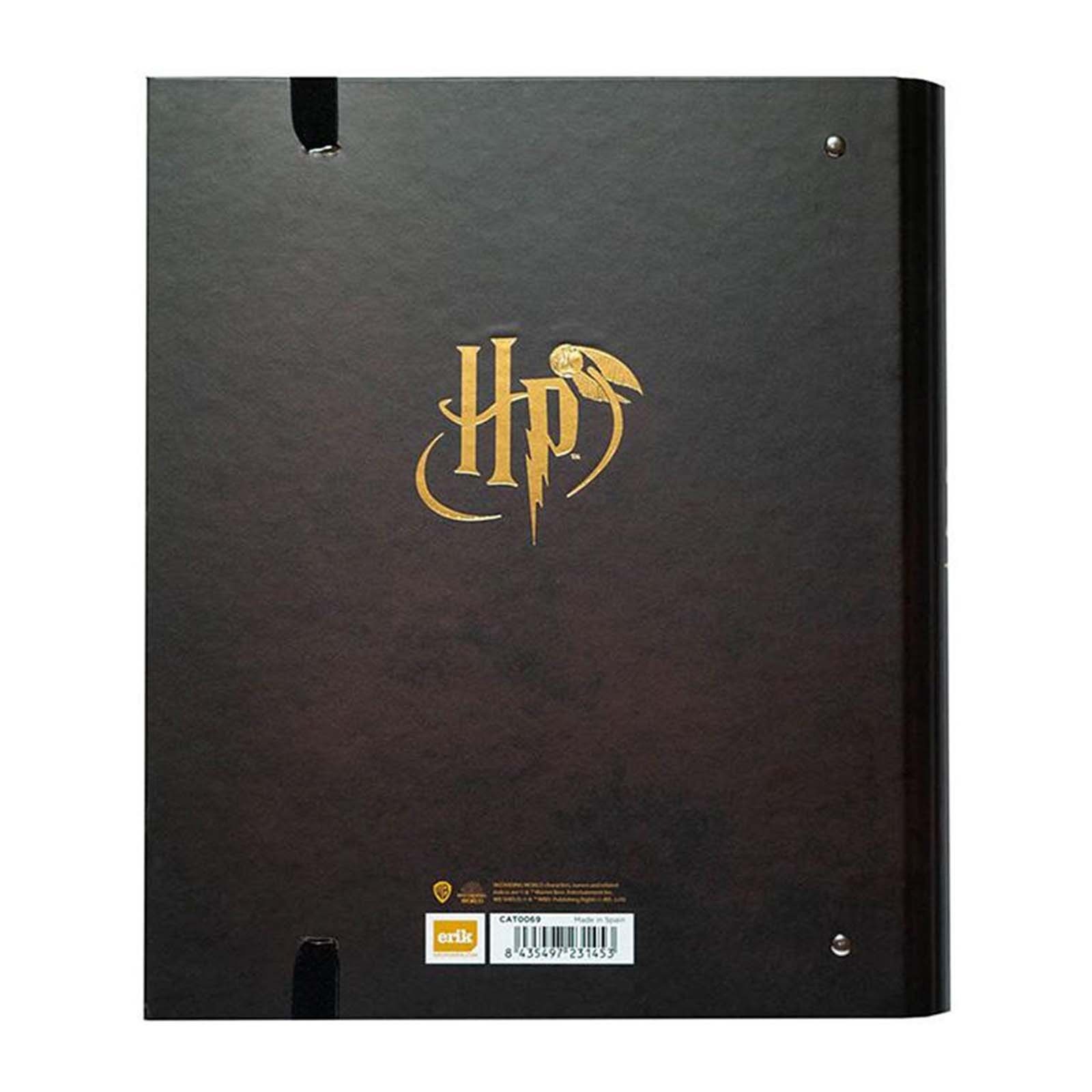 Dunkelbraune Mappe mit goldenem Harry Potter Logo oben.