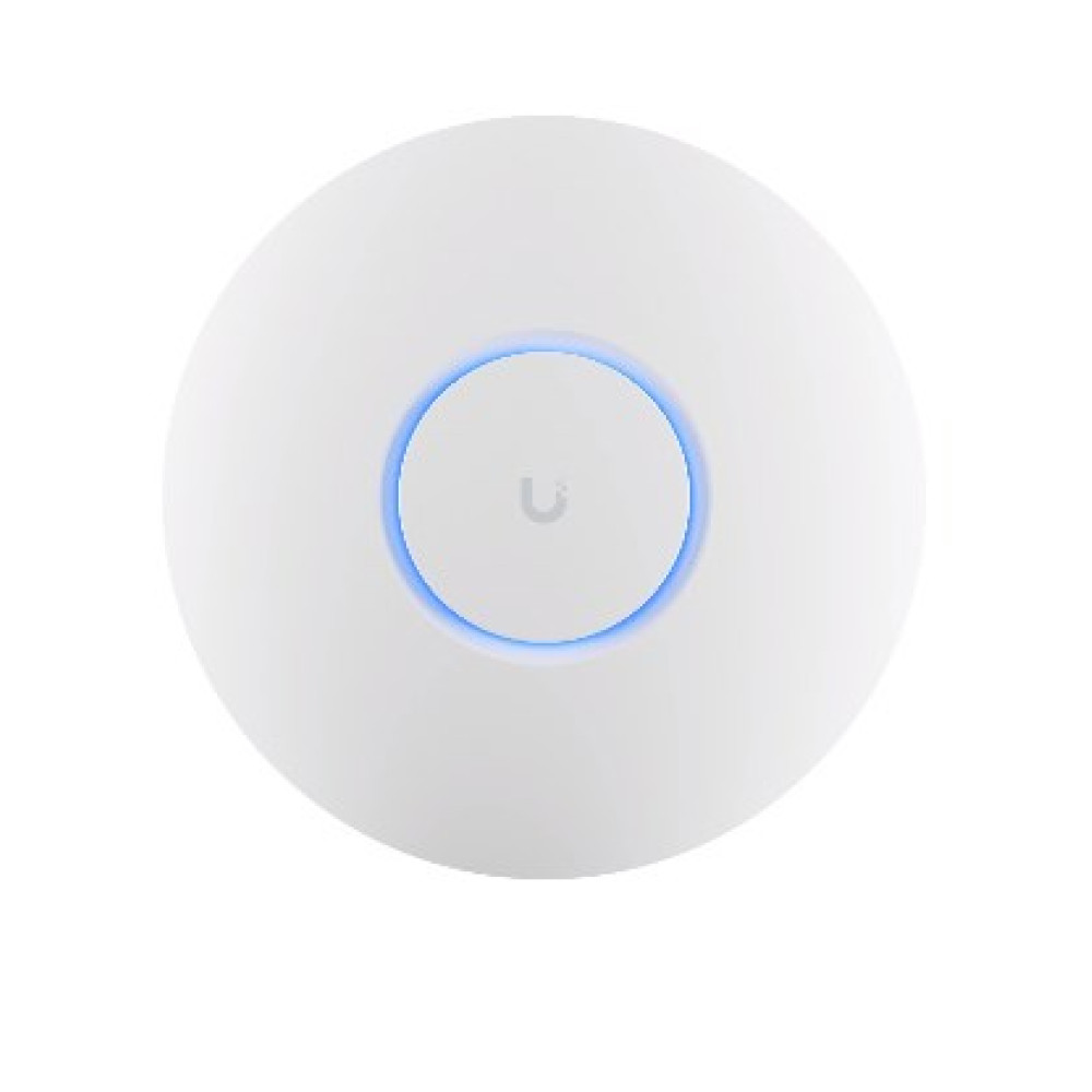 Un punto de acceso Wi-Fi blanco y redondo con un anillo azul brillante y un logo en el centro.