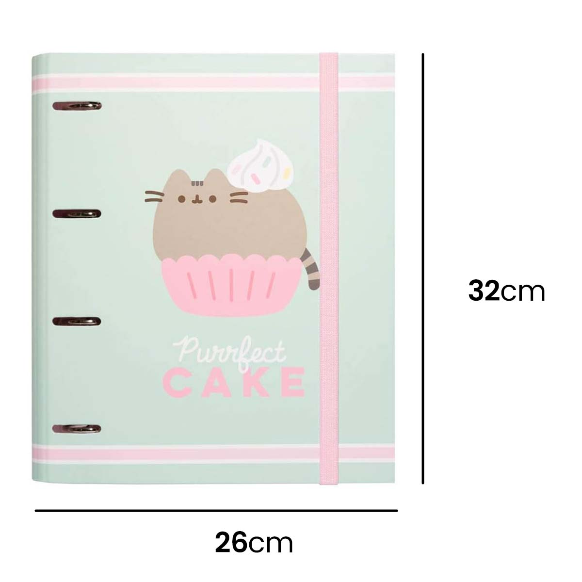 Ein mintgrüner Ordner mit einem Cupcake-Design mit einer Katze, rosa Akzenten und Maßen.