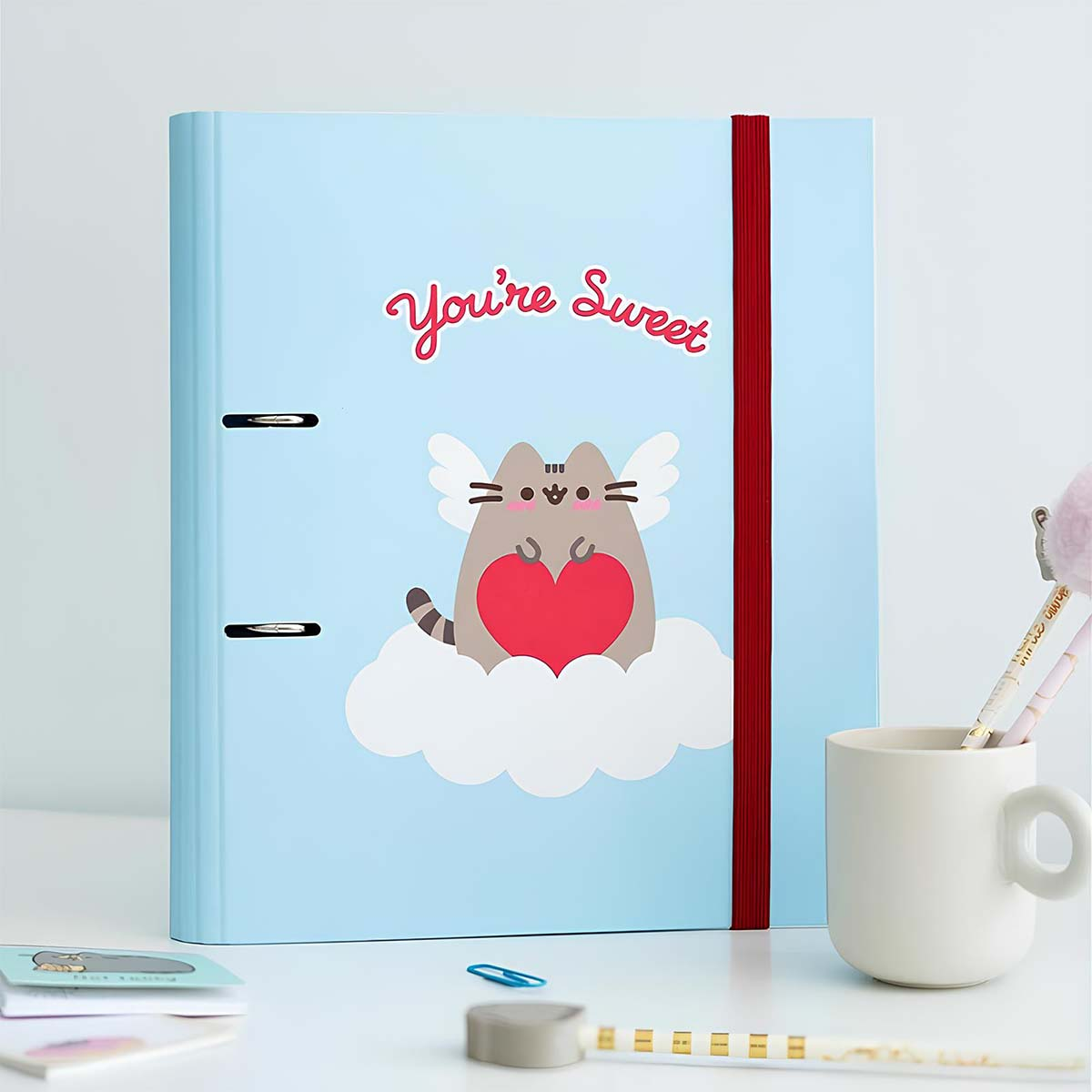 Hellblauer Ordner mit Pusheen-Katze, Herz, Flügeln und Wolken. Text 'You're Sweet'.