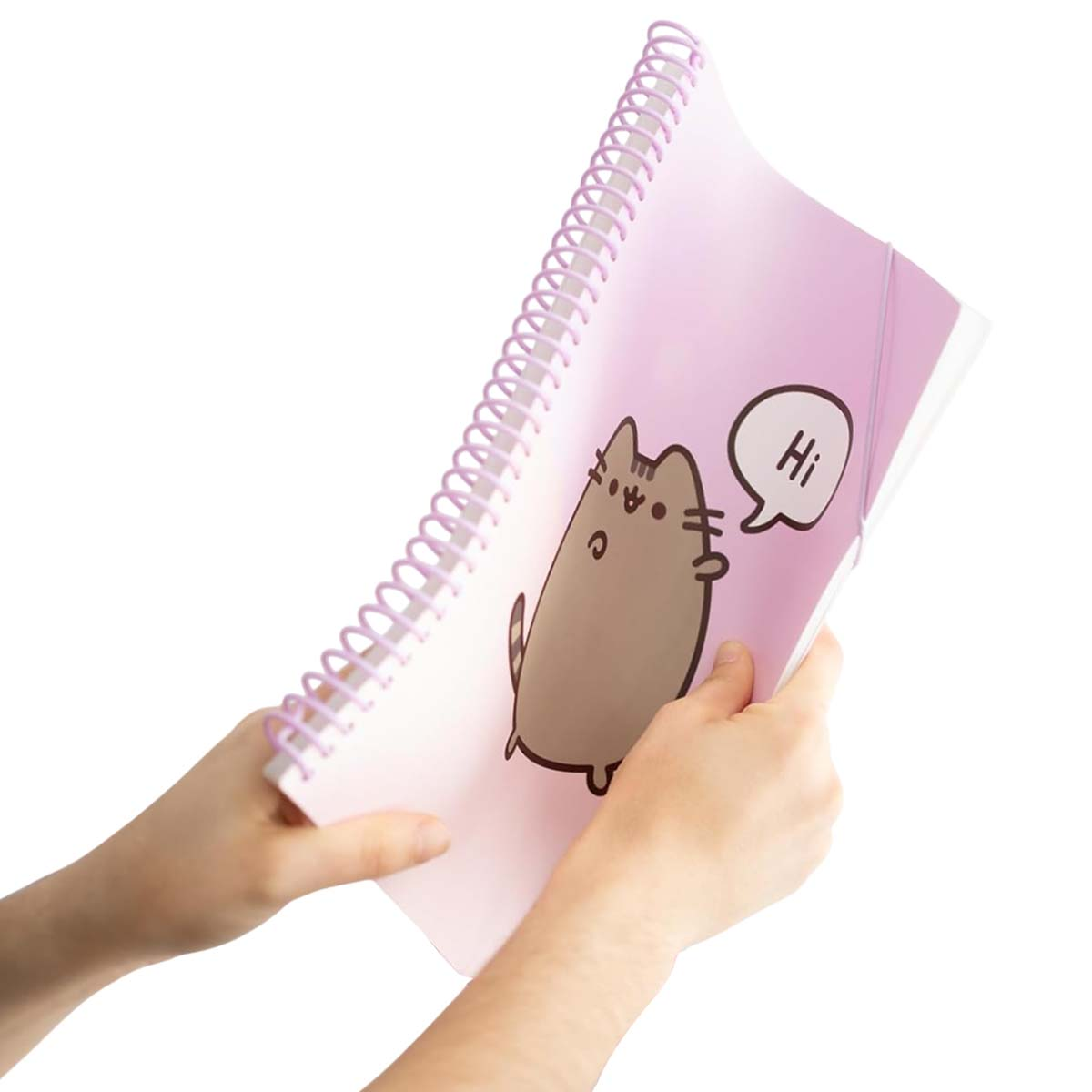 Ein Notizbuch mit einem Pusheen-Katzenmotiv und der Aufschrift „Hi“.