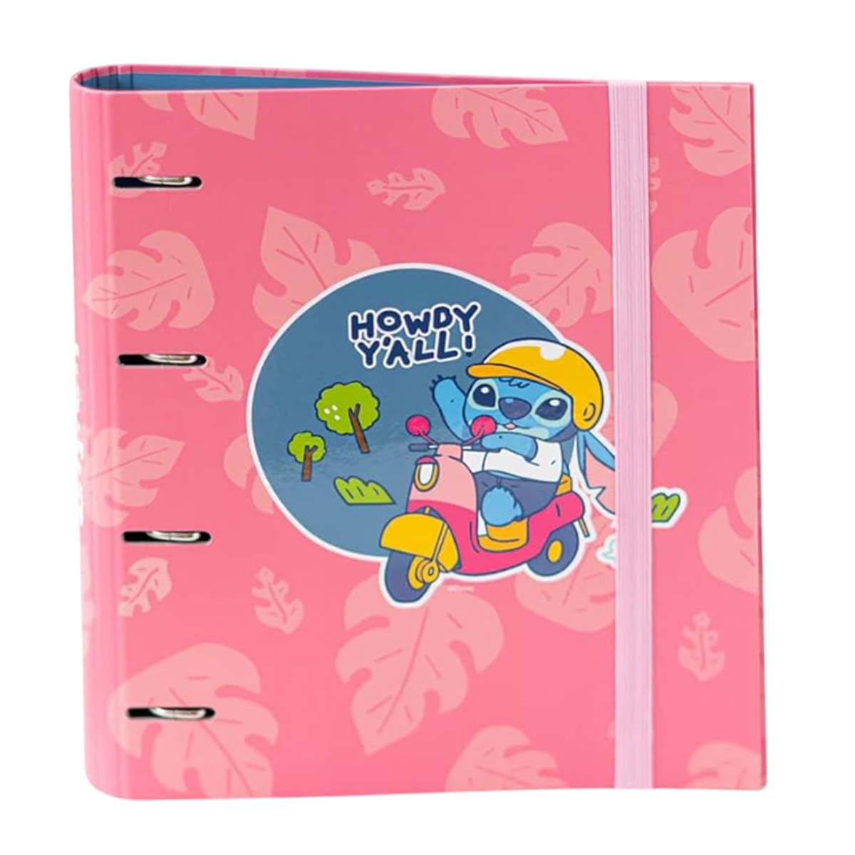Pinker Ordner mit Stitch auf einem Roller, der "Howdy Y'all" sagt.
