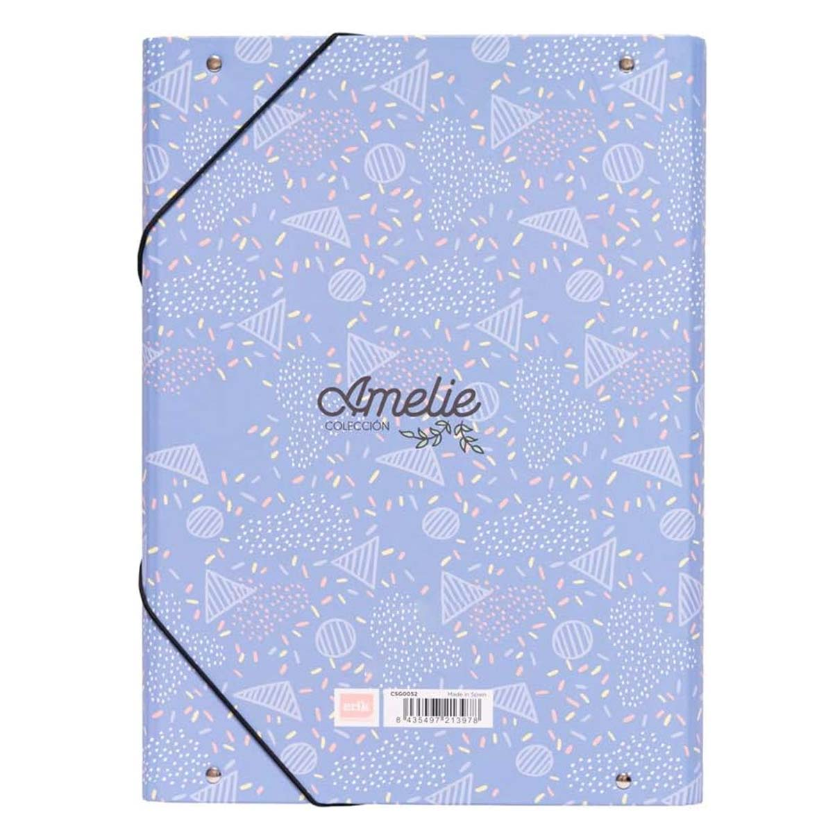 Eine hellviolette Mappe mit Konfetti-Muster und dem Wort Amelie.