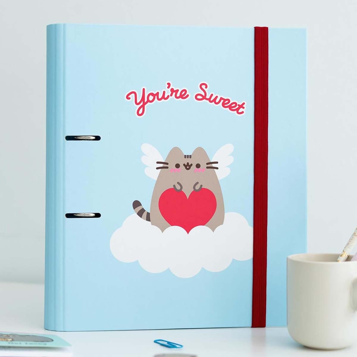 Blauer Ordner mit Pusheen-Katze, Flügeln, Herz, Wolken und Text 'You're Sweet'.
