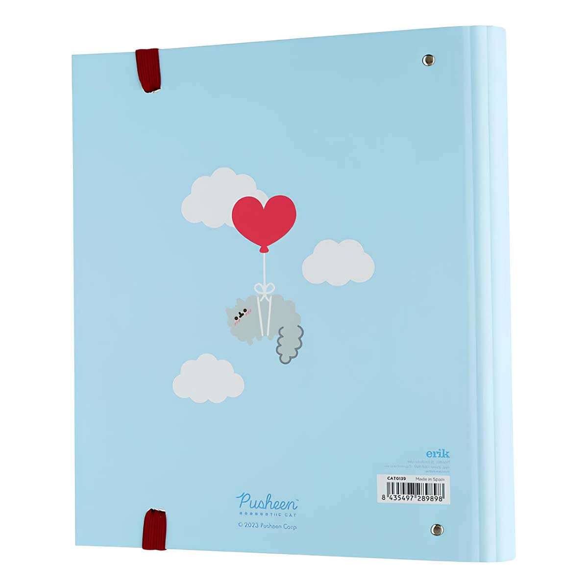 Ein graues Kätzchen fliegt an einem roten Herzballon mit Wolken und dem Pusheen-Logo.
