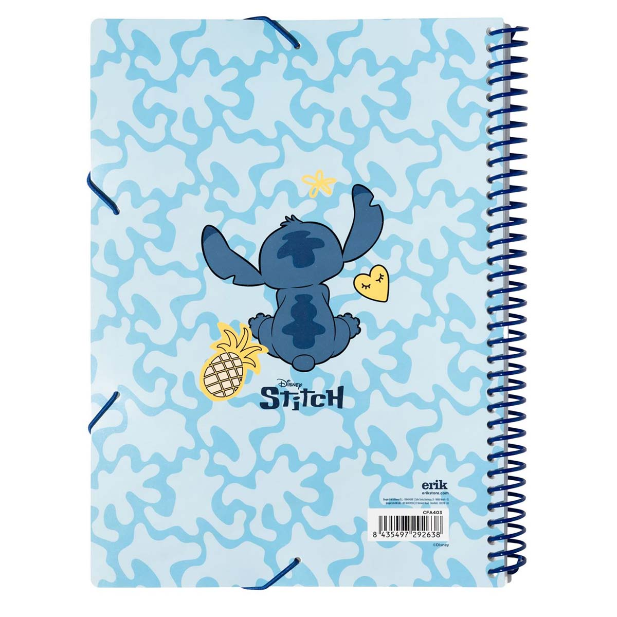 Ein blauer Stitch von Disney sitzt auf einem hellblauen Notizbuch mit Wellenmuster.
