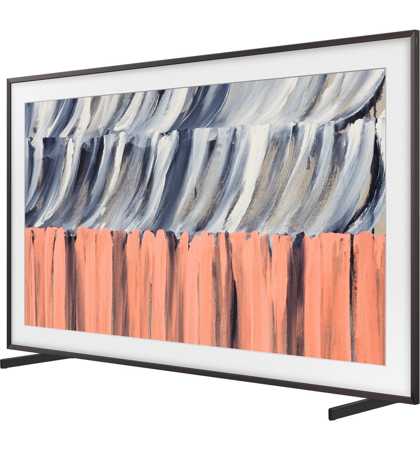 Modern bir TV, beyaz paspartu üzerinde mercan ve gri fırça darbeleriyle soyut sanat sergiliyor.