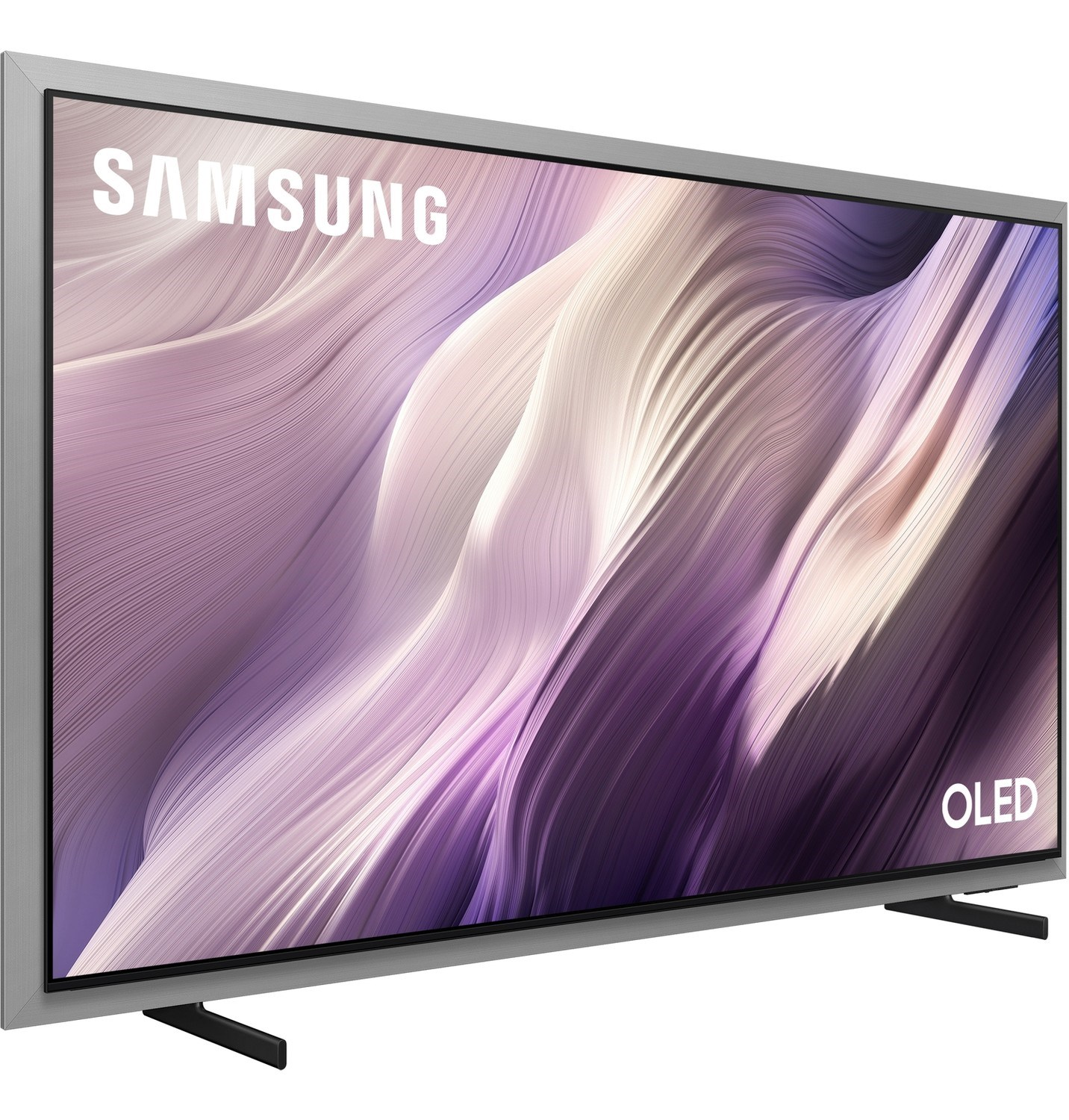 Gümüş çerçeveli ve soyut mor-beyaz ekran tasarımlı Samsung OLED TV.