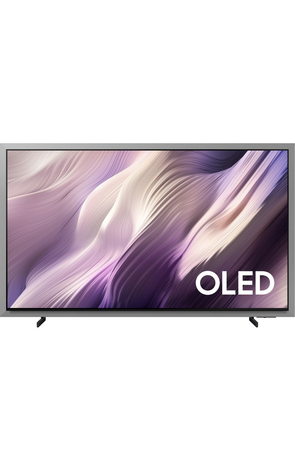 Gümüş çerçeveli modern bir OLED TV, mor ve krem rengi soyut dalgalı desen sergiliyor.