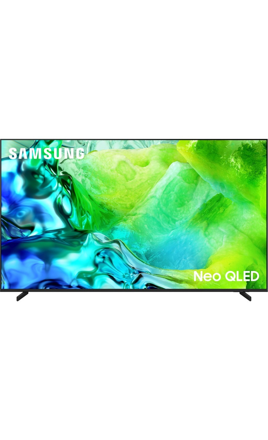 Ekranda soyut yeşil ve mavi görüntüler gösteren Samsung Neo QLED TV.