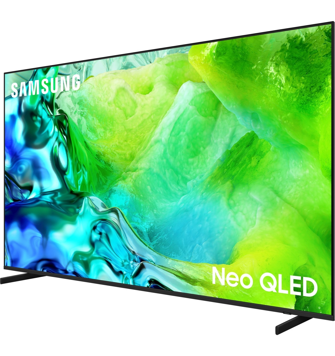 Ekranında soyut yeşil ve mavi içerik gösteren Samsung Neo QLED TV.