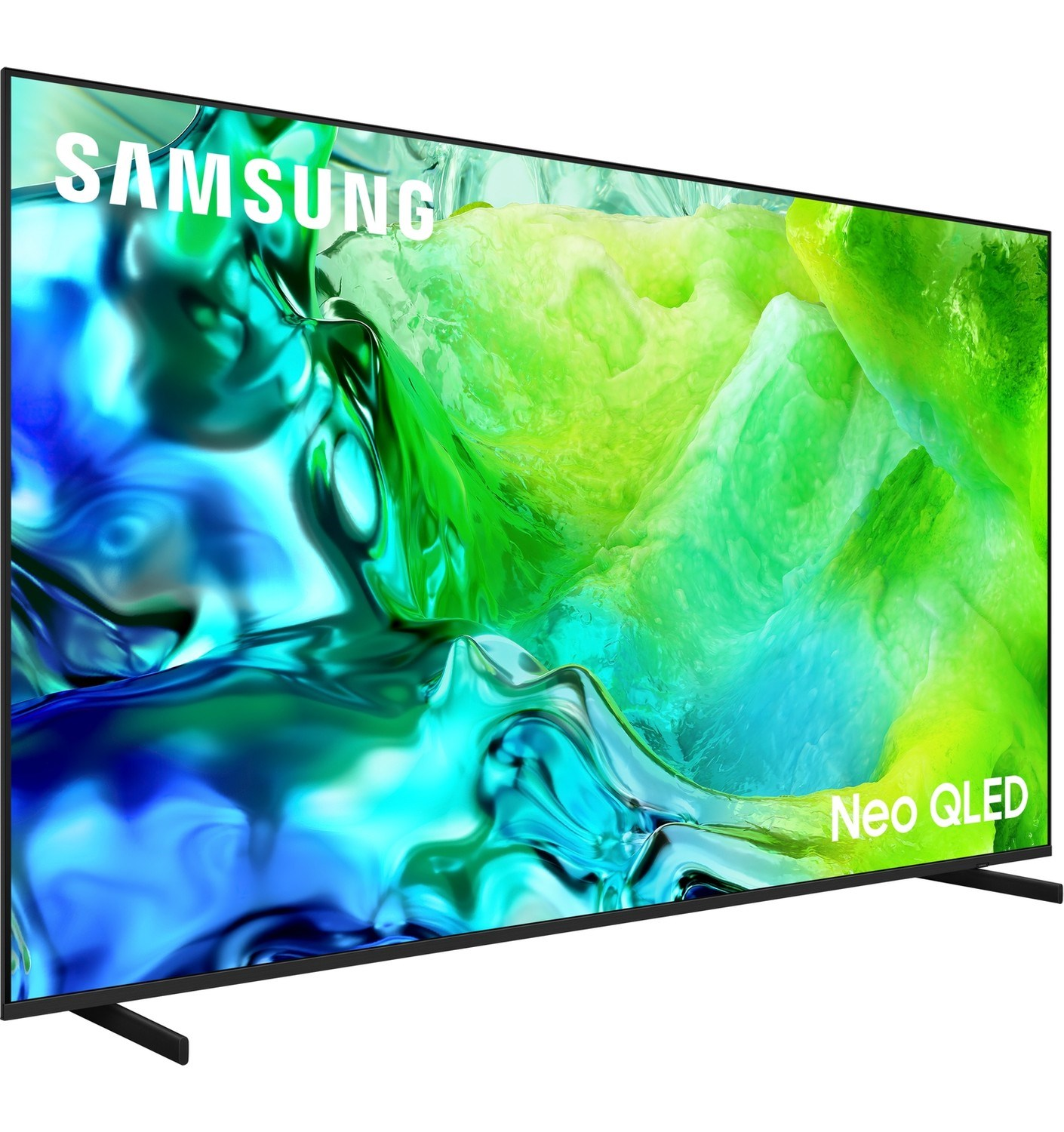 Soyut mavi ve yeşil ekrana ve siyah standa sahip Samsung Neo QLED TV.