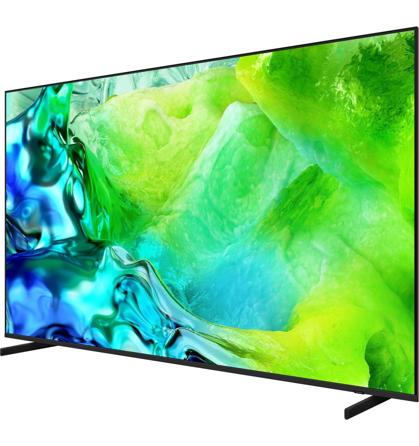 Mavi ve yeşil tonlarında canlı, soyut bir görüntü sergileyen modern bir düz ekran TV.