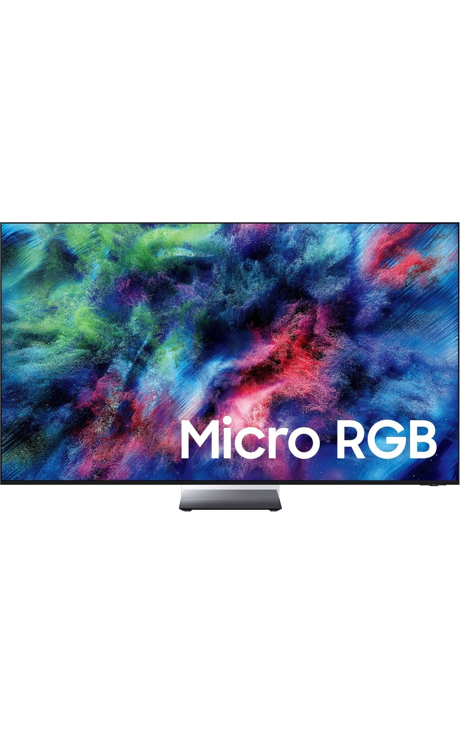 Modern bir TV, "Micro RGB" yazısıyla renkli, soyut bir görüntü sergiliyor.