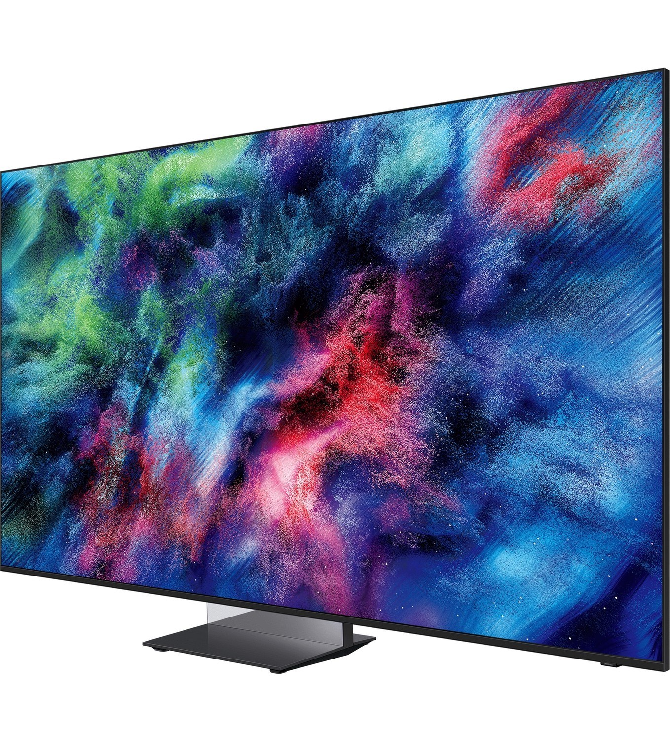 Modern bir televizyon, mavi, yeşil ve kırmızı tonlarda canlı, soyut bir görüntü sergiliyor.