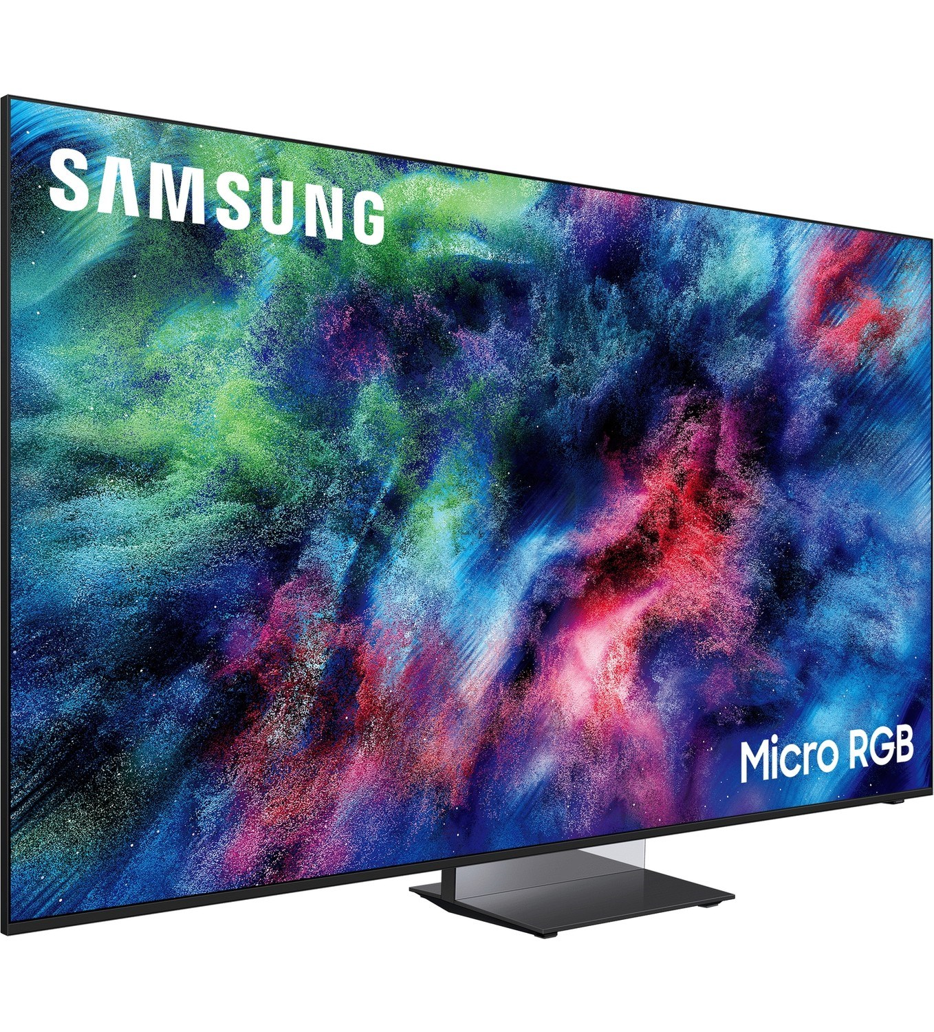 Samsung Micro RGB TV, mavi, yeşil ve kırmızı tonlarda canlı, renkli soyut bir görüntü sergiliyor.