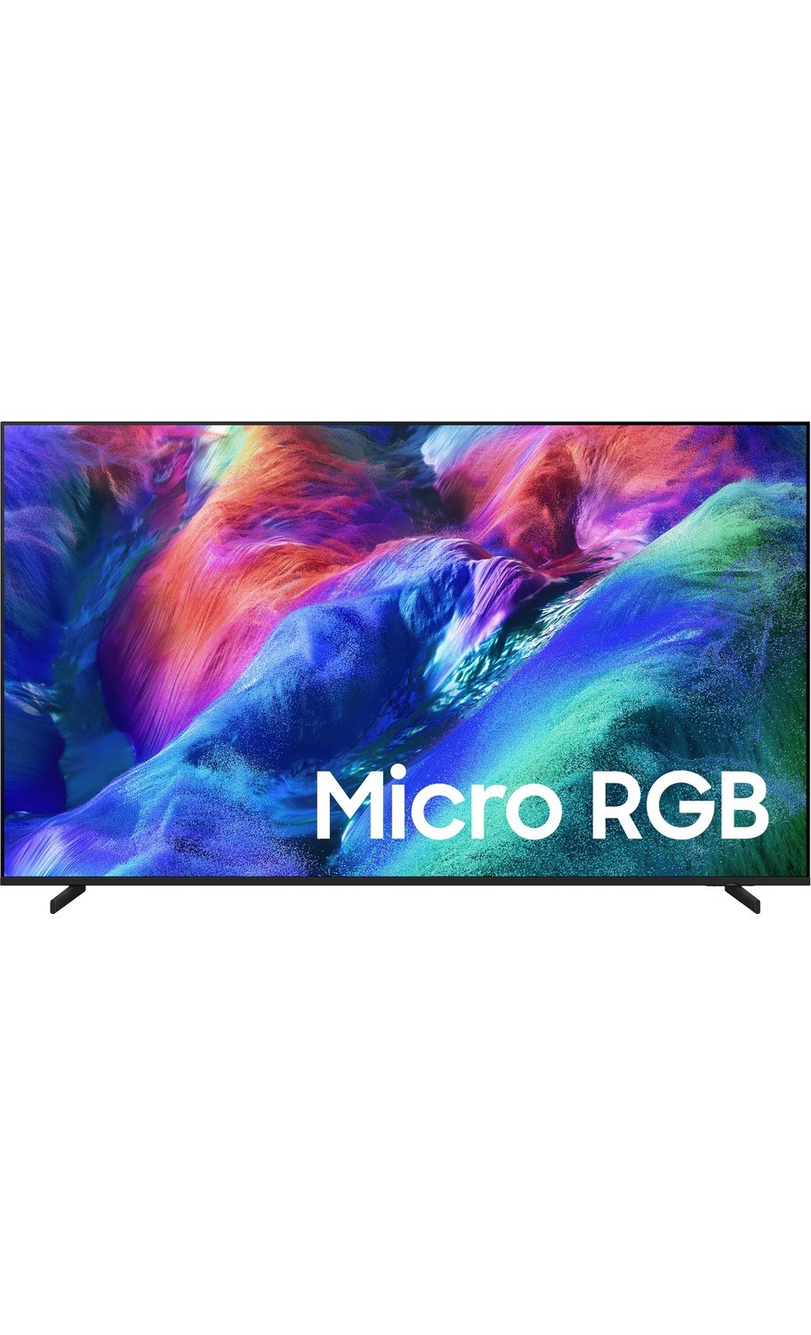 Canlı, renkli soyut grafikler ve "Micro RGB" yazısı gösteren modern bir düz ekran TV.
