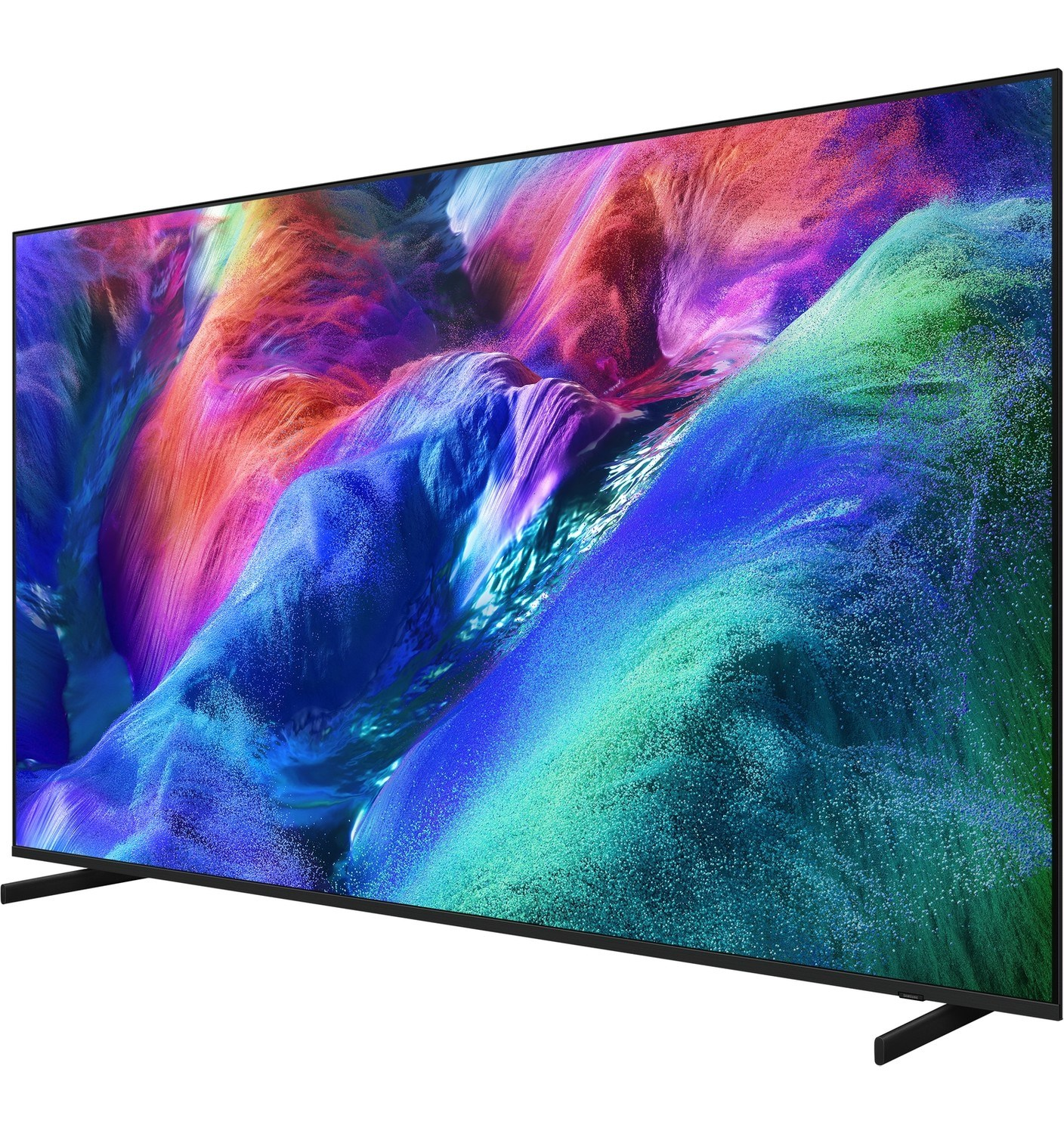 Modern bir düz ekran TV, mavi, mor ve turuncu tonlarda canlı, soyut bir görüntü sergiliyor.