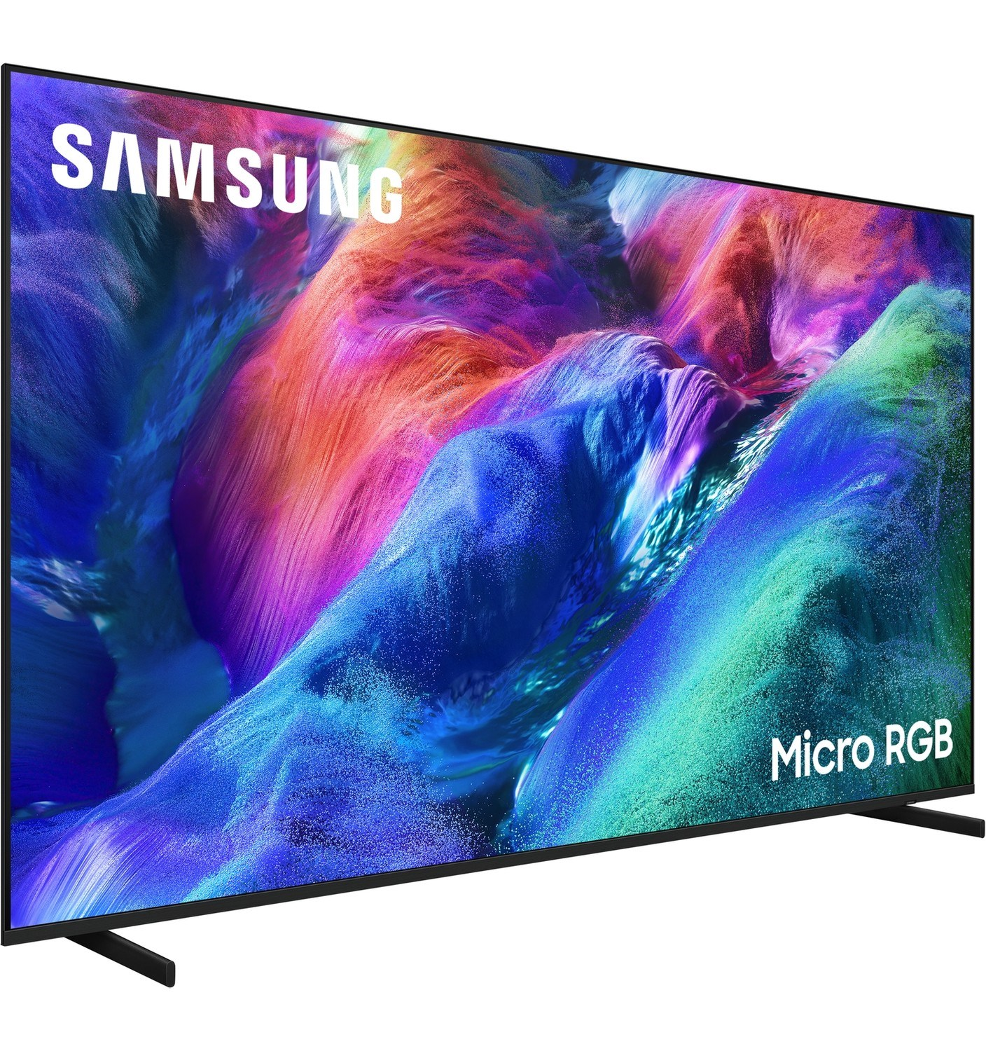 Canlı, soyut arka plana sahip Samsung Micro RGB TV.