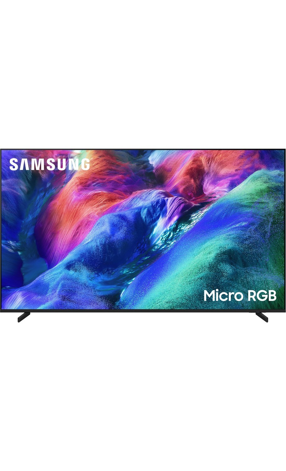 Samsung TV, Micro RGB yazılı renkli, soyut grafikler gösteriyor.