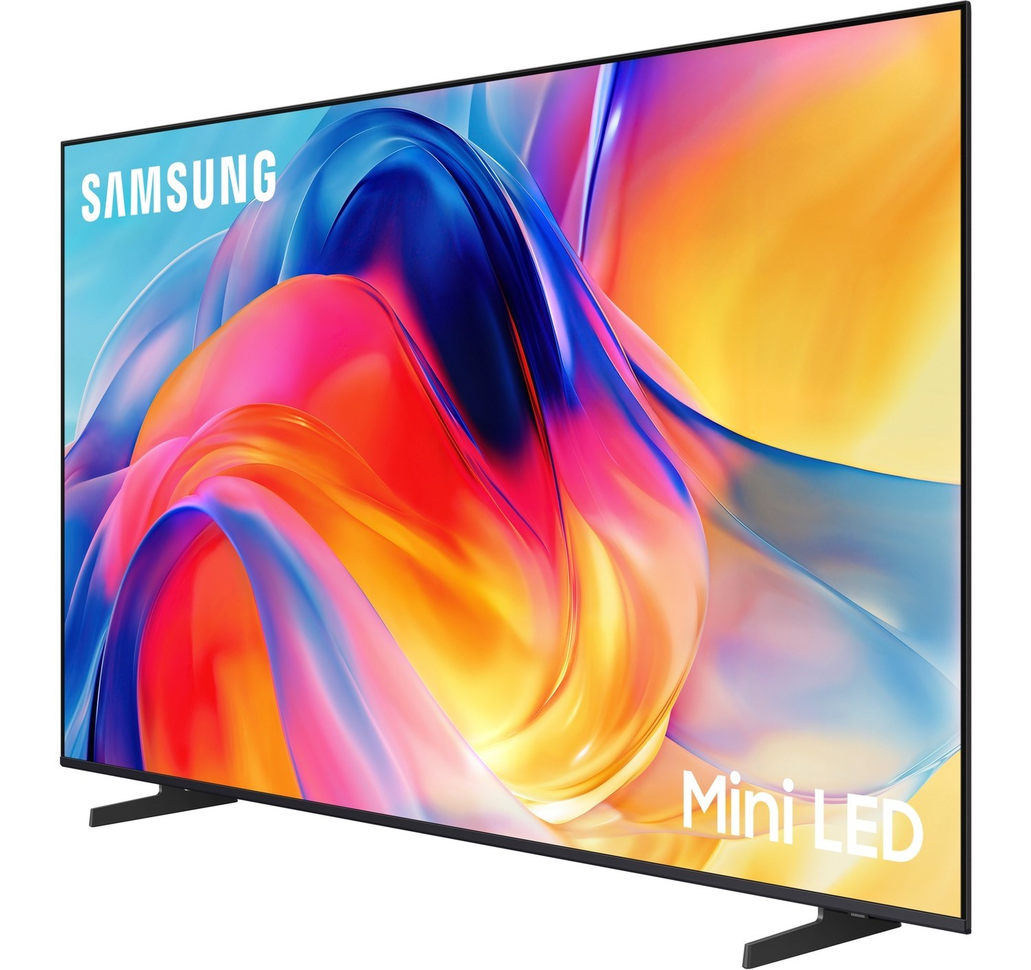 Renkli soyut ekrana ve siyah standa sahip Samsung Mini LED TV.